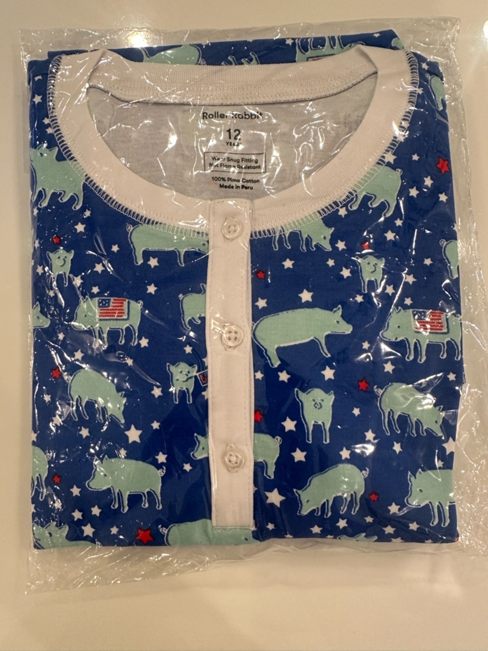 Roller Rabbit Festive Blue with Pigs and stars Pajama Set